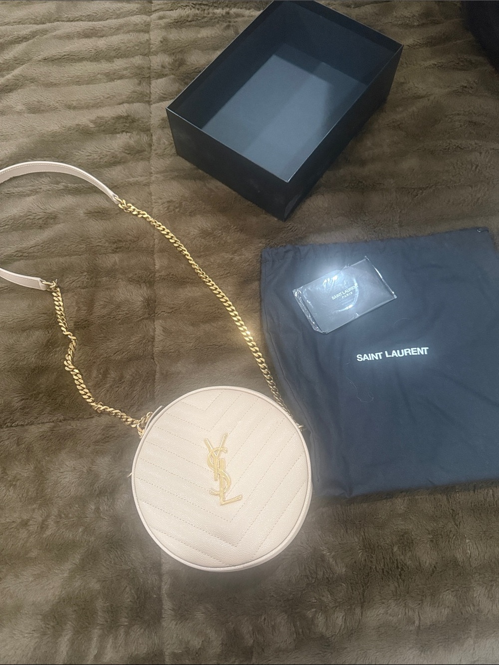 Saint Laurent Round Quilted Crossbody Bag in beige